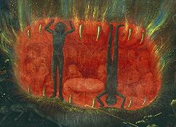Detail of an illustration by Simon Marmion for the Visio Tnugdali, a medieval vision of hell and heaven; it shows the gaping mouth of a monster, in whose belly poor souls are tortured. The mouth is held open by two giants, one of them standing on his head.