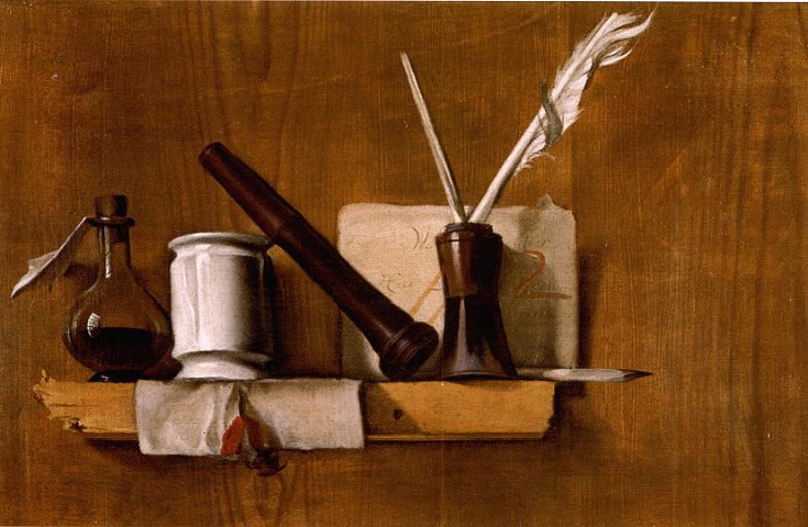 Heyman Dullaert. A trompe l'oeil with plumes in an ink bottle, a letter, a seal stamp, a delft pot and a bottle, arranged upon a wooden shelf. Oil on Panel Writing Institutions