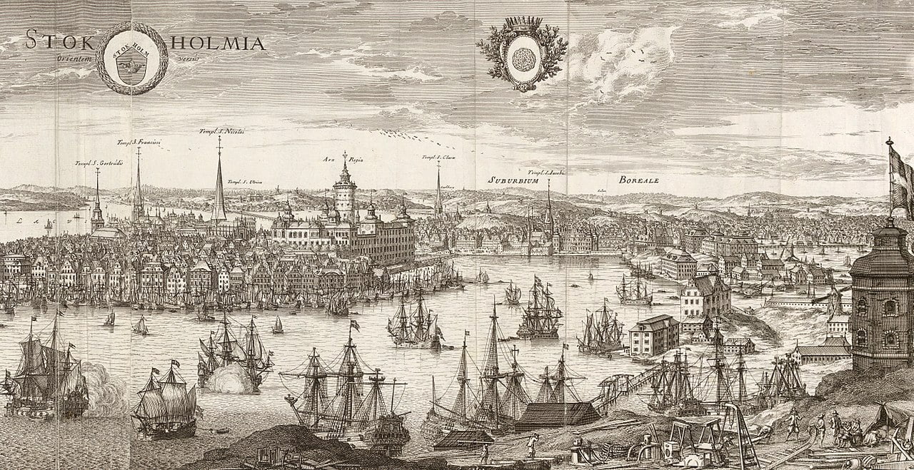 Historical view of Stockholm across its surrounding waters