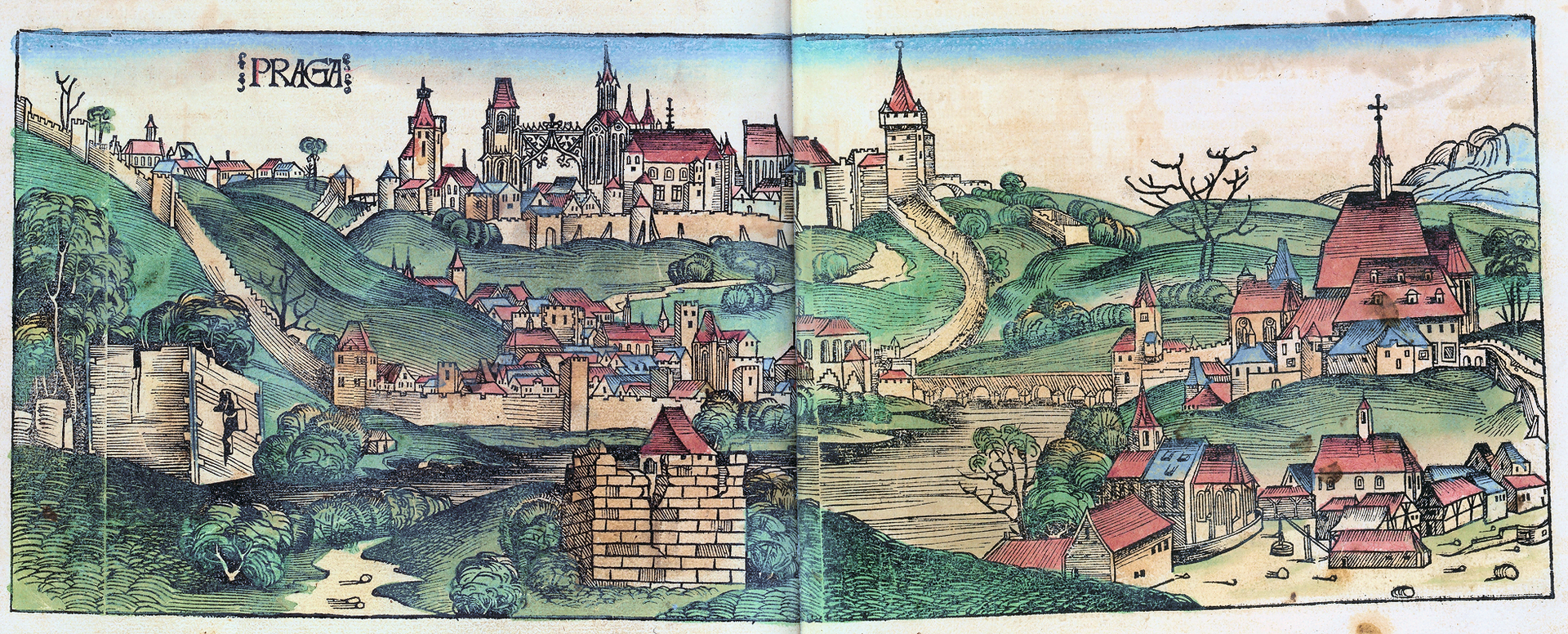 Prague as depicted in the Nuremberg Chronicle, with fortified Gothic towers and the medieval city