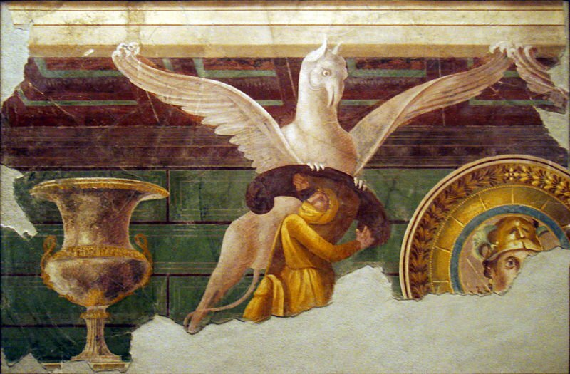 Arimaspe and Gryphon. Ancient Roman fresco (60-50 b.C.) from Pompeii, Italy. This fresco comes from the Villa of Mysteries in Pompeii and was reconstructed from fragments. Adar Llwch Gwin