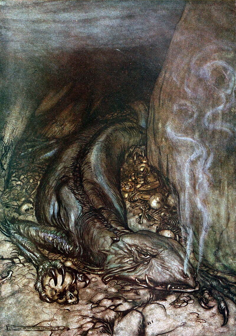 Fafnir guards the gold hoard in this illustration by Arthur Rackham to Richard Wagner's Siegfried. Linnorm, Fafnir