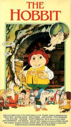 Original film poster artwork for the 1977 animated film 'The Hobbit' by Rankin/Bass studio, as formatted for the Time Warner VHS release in 1991.