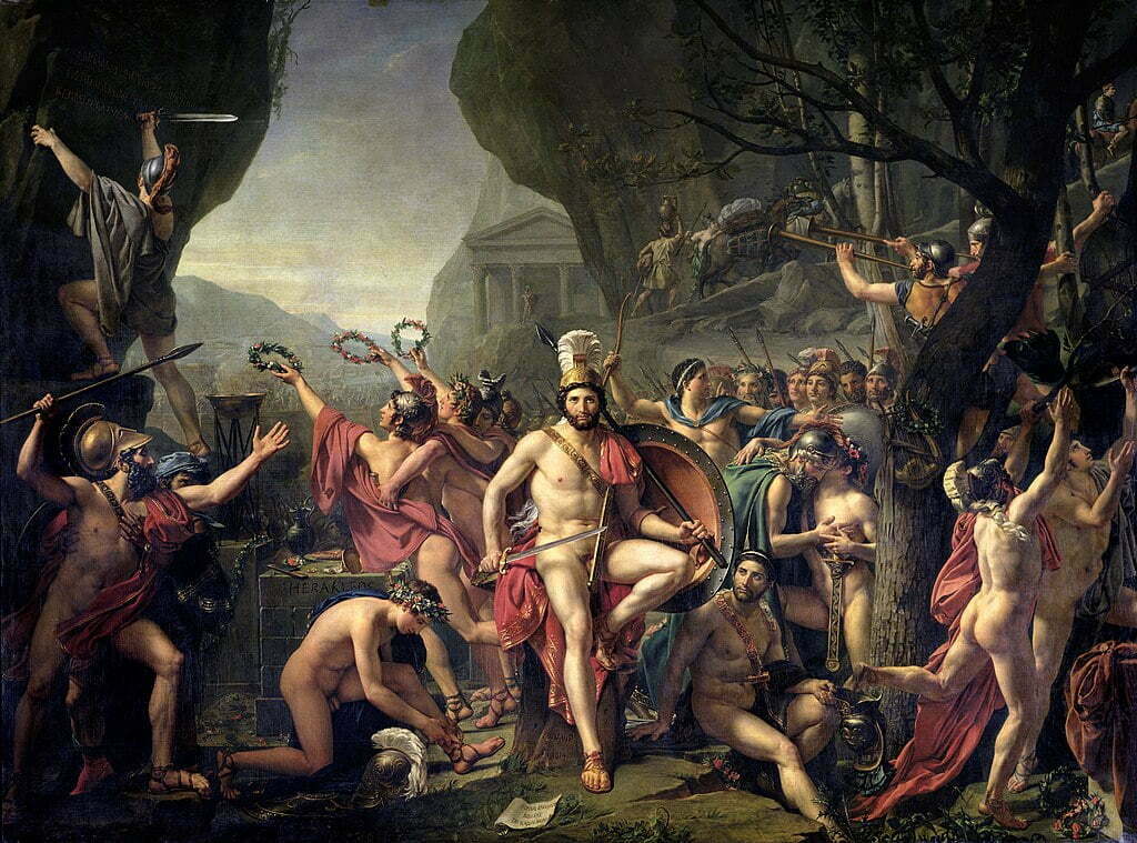 Leonidas at Thermopylae (1814) by Jacques-Louis David, who chose the subject in the aftermath of the French Revolution as a model of "civic duty and self-sacrifice", but also as a contemplation of loss and death, with Leonidas quietly poised and heroically nude