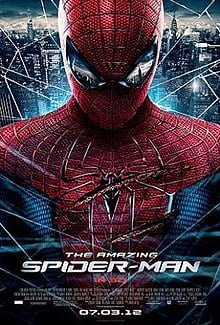 Spider-Man, wounded, is covered in a spider web with New York City in the background and as a reflection in his mask. Text at the bottom of the reveals the title, release date, official site of the film, rating and production credits. The Amazing Spiderman