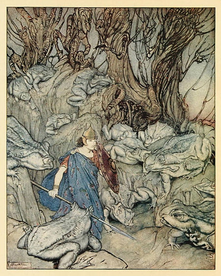 In a fork glen into which he slipped at night-fall, he was surrounded by giant toads. Arthur Rackham, frontispiece from Irish fairy tales, by James Stephens, London, 1920. Toad Giant