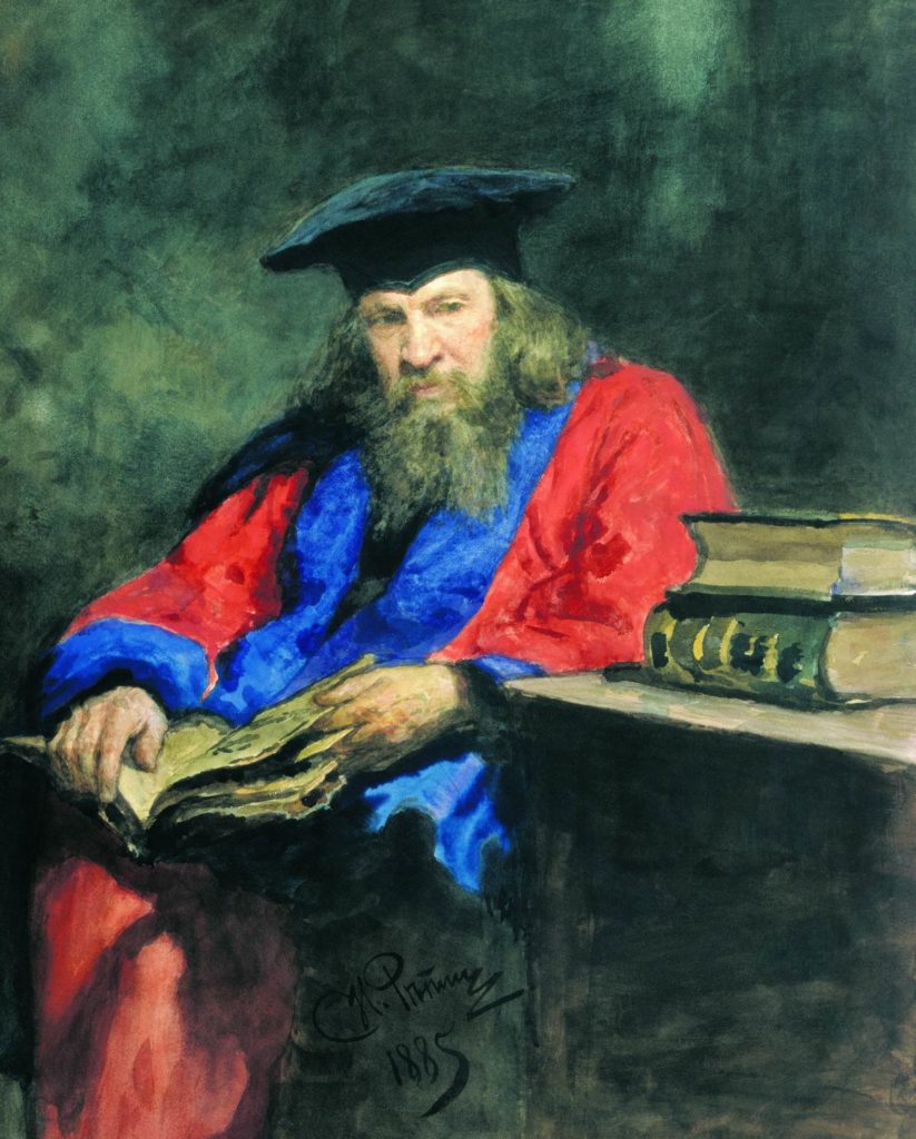   Portrait of Dmitry Ivanovich Mendeleev wearing the Edinburgh University professor robe. Watercolour on paper. 57.5 × 46 cm. The State Tretyakov Gallery, Moscow. Artificer