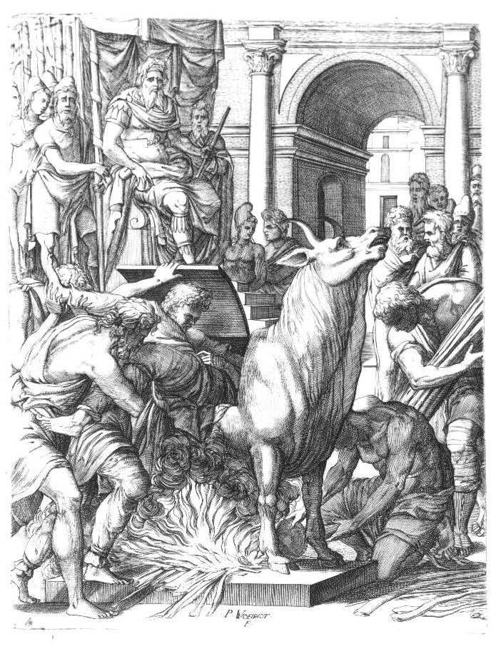 Brazen Bull, Perillos being forced into the brazen bull that he built for Phalaris.