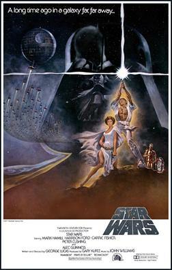 Star Wars A New Hope, Film poster showing Luke Skywalker triumphantly holding a lightsaber in the air, Princess Leia kneeling beside him, and R2-D2 and C-3PO behind them. A figure of the head of Darth Vader and the Death Star with several starfighters heading towards it are shown in the background. Atop the image is the text "A long time ago in a galaxy far, far away..." On the bottom right is the film's logo, and the credits and the production details below that.
