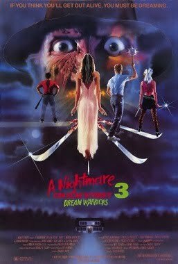 Large head of burnt man with hat floating in clouds, five blades stretch out from the clouds, four people facing the clouds stand on four the of five blades. There is road leading to a house below the sky.  A Nightmare on Elm Street 3: Dream Warriors