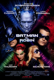 This is a poster for the film Batman & Robin. The poster art copyright is believed to belong to the distributor of the film, Warner Bros. Pictures, the publisher of the film or the graphic artist.