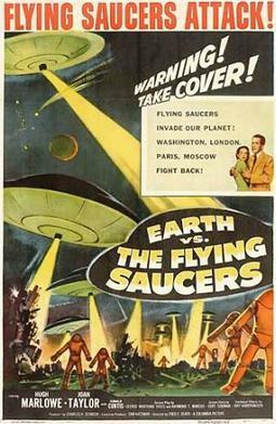 This is a poster for Earth vs. the Flying Saucers. The poster art copyright is believed to belong to the distributor of the film, Columbia Pictures, the publisher of the film or the graphic artist. Earth vs. the Flying Saucers