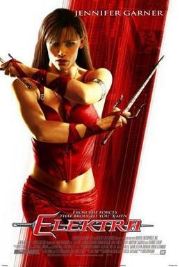 A woman dressed in red brandishes her weapons, two sai. Elektra