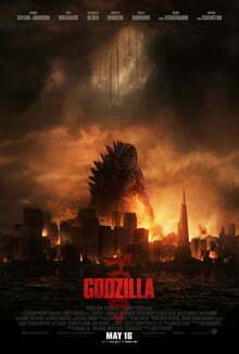 A giant prehistoric dinosaur-like monster towering over a blazing cityscape engulfed in an inferno. Godzilla