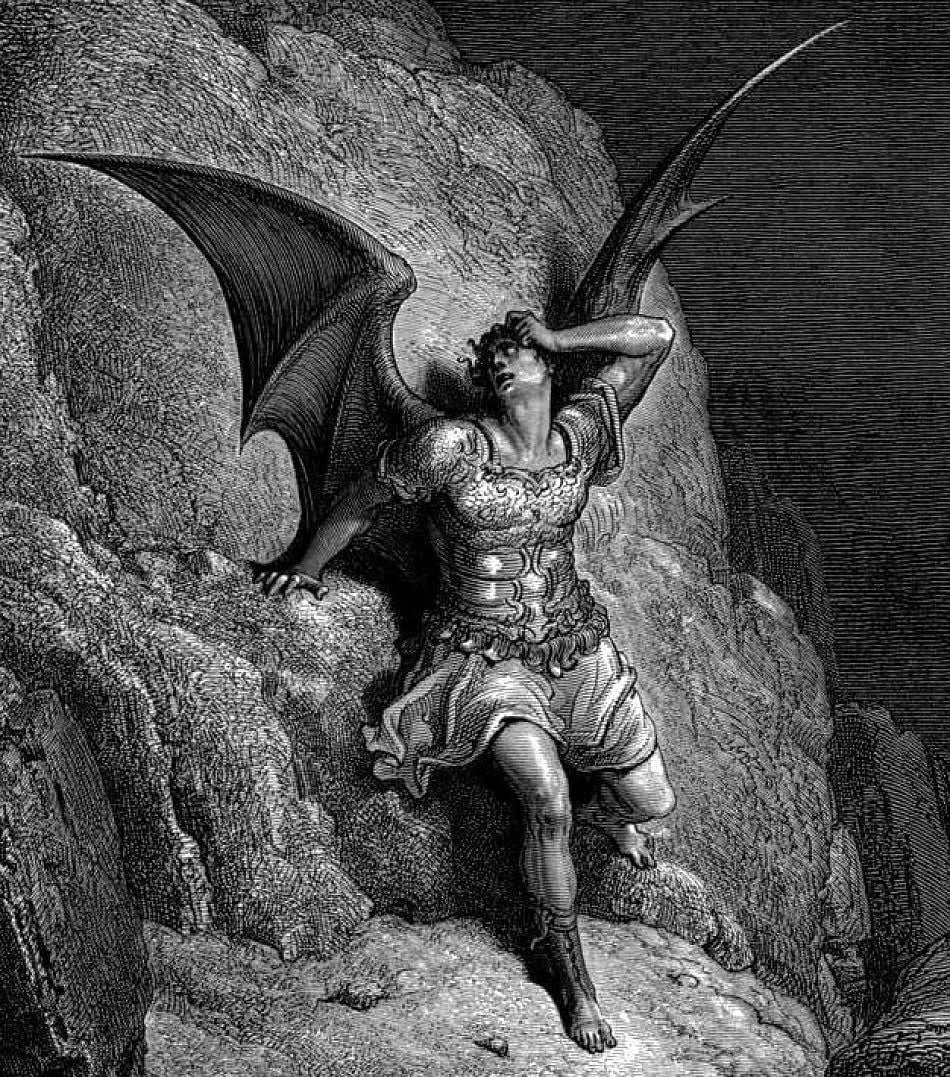 Gustave Doré engraving of Satan on a rocky precipice in Paradise Lost