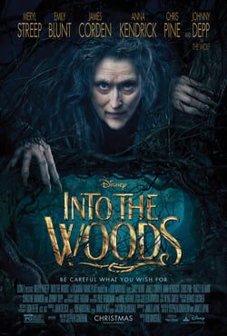 A witch ominously peering through a thicket of branches. Into the Woods