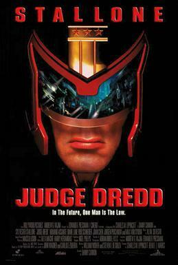 A headshot picture of Judge Dredd, wearing his helmet and with a view of Mega City One inside his glasses of the helmet. Below him there are the film's slogan, title, credits and release date. Judge Dredd