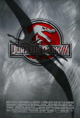 Film poster with a logo at center of a skeleton of a Spinosaurus, with its mouth wide open and hands lifted up. The logo's background is red, and right below it is the film's title. A shadow covers a large portion of the film poster in the shape of a flying Pteranodon. At the bottom of the image are the credits and release date. Jurassic Park III