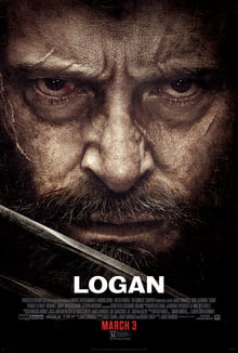 A close-up of Hugh Jackman as Logan with a scarred face. A thin blade crosses diagonally in front of his chin. Logan