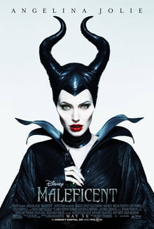 A vengeful fairy dressed black with her black horns standing and title below, Maleficent