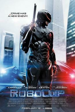 Robocop, holding his gun, getting out of his police motorbike and looking right, behind him, there is the city, and he is surrounded by the film's name, slogan and credits and the release date. RoboCop