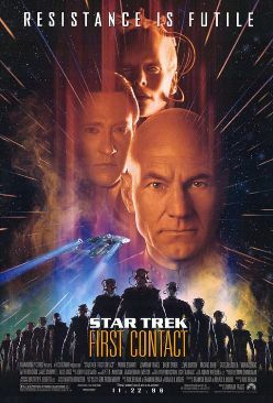 Movie poster for Star Trek: First Contact, showing head shots of Patrick Stewart as Captain Jean Luc Picard, Brent Spiner as Data, and Alice Krige as the Borg Queen, from bottom to top; the bottom shows an image of the starship Enterprise NCC-1701-E speeding to the background over an army of Borg drones.