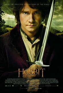 The poster depicts Martin Freeman as Bilbo Baggins with the sword Sting. 