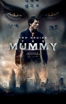 The poster features skyscrapers stuck in a blizzard, in the center. Upon which Tom Cruise appears, whose face is looking somewhere else. Behind him, face of Egyptian Princess appears, spread upon whole top-half portion. The princess has two irishses in each eye, which appears like she got four eyes. Above all these, in the center, title: THE MUMMY, appears. The Mummy