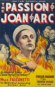 Motion picture poster for The Passion of Joan of Arc directed by Carl Theodor Dreyer, with Renée Jeanne Falconetti (pictured) and Antonin Artaud, produced in France in 1927 and first shown in Copenhagen in 1928. The Passion of Joan of Arc