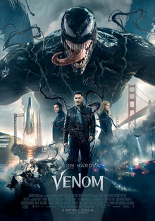 This is a poster for Venom. The poster art copyright is believed to belong to the distributor of the film, Sony Pictures, the publisher of the film or the graphic artist.