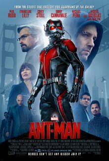 Official poster shows Ant-Man in his suit, and introduces a montage of him starts to shrink with his size-reduction ability, with a montage of helicopters, a police officer holds his gun, two men in suit and tie and sunglasses and the film's villain Darren Cross is walking with them smiling, Paul Rudd as Scott Lang, Michael Douglas as Hank Pym, and Evangeline Lilly as Hope van Dyne with the film's title, credits, and release date below them, and the cast names above. Ant-Man