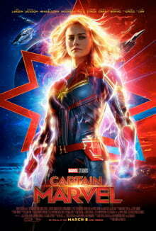 This is a poster for Captain Marvel. The poster art copyright is believed to belong to the distributor of the film, Walt Disney Studios Motion Pictures, the publisher, Marvel Studios, or the graphic artist.