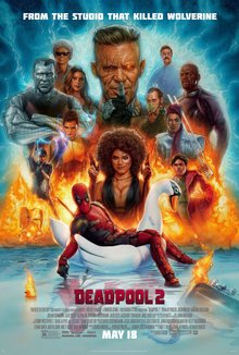 Deadpool lounges on a swan boat, backed by bombs and multiple characters, Deadpool 2