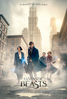 A man with a suitcase on a foggy city street. Behind him are two women and a man. Fantastic Beasts and Where to Find Them