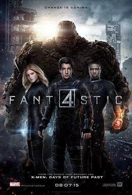 The Four standing in front of the viewer, with the film's title toward them and release date below them with a destroyed city behind them. Fantastic Four