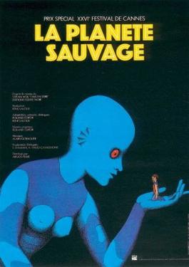 Poster showing a giant blue humanoid Draag examining a human in her hand. Fantastic Planet