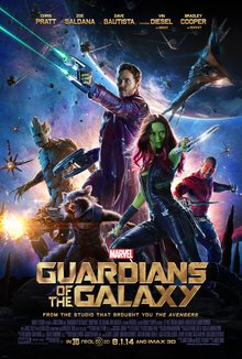 The five Guardians, sporting various weapons, arrayed in front of a backdrop of a planet in space with the film's title, credits and slogan. Guardians of the Galaxy