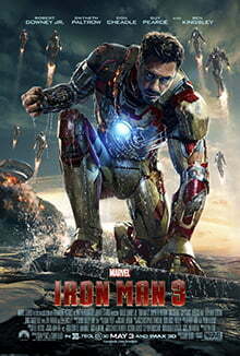 Tony, as Iron Man in his battle damaged suit sitting with water around him, while his house behind is destroyed. Stark's Iron Legion is flying, while the Marvel logo with the film's title, credits and release date are below. Iron Man 3