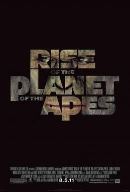 The poster says the title of the film on a black background with one of the apes' faces filling the letters. This also includes release information and credits. Rise of the Planet of the Apes