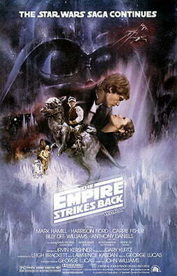 This poster shows a montage of scenes from the movie. Dominating the background is the dark visage of Darth Vader; in the foreground, Luke Skywalker sits astride a tauntaun; Han Solo and Princess Leia gaze at each other while in a romantic embrace; Chewbacca, R2-D2, and C-3PO round out the montage. 