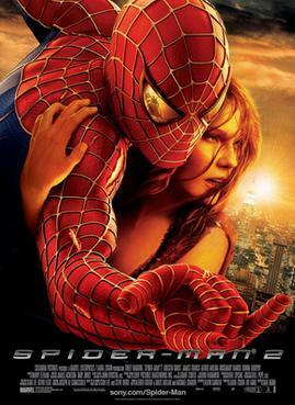 Against a New York City background, Spider-Man hugs Mary Jane Watson, with a reflection of Doctor Octopus in his eye as he shoots a web. Spider-Man 2