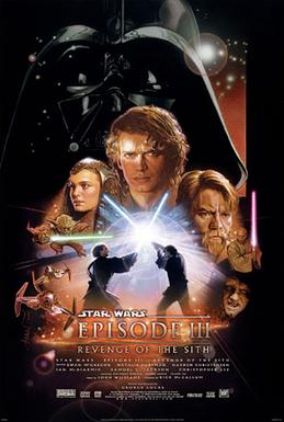 Below a dark metal mask, a young man with long hair is front and center, with a woman at his left and a bearded man at his right. Two warriers hold lightsabers on either side, and below them in the middle, two men clash in a lightsaber duel. Starfighters fly towards us on the lower left, and a sinister hooded man sneers at the lower right. Revenge of the Sith