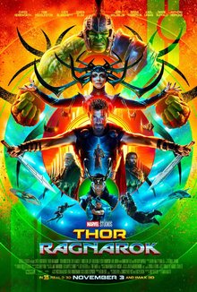 This is a poster for Thor: Ragnarok. The poster art copyright is believed to belong to the distributor of the film, Walt Disney Studios Motion Pictures, the publisher, Marvel Studios, or the graphic artist. Ragnarok