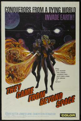 This is a poster for They Came From Beyond Space. The poster art copyright is believed to belong to the distributor of the item promoted, Embassy Pictures Corporation, the publisher of the item promoted or the graphic artist.