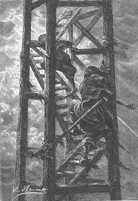 The Infinite Staircase, An ilustration from "Kéraban the Inflexible" by Jules Verne paited by Léon Benett. The Infinite Staircase