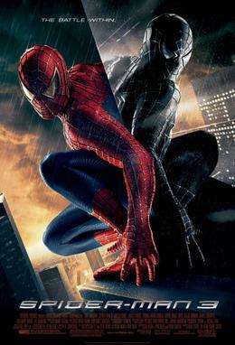Spider-Man in the rain in his black suit looks at a reflection of himself wearing his original suit in the window of a building, with the film's slogan, title, release date and credits below. Spider-Man 3