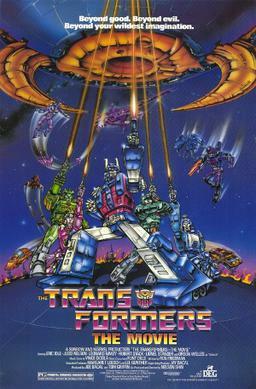This is the cover art of The Transformers: The Movie. The cover art copyright is believed to belong to Hasbro. The Autobots firing into the sky from left to right are: Springer, Arcee, Ultra Magnus, Kup and Blurr. The planet above them is Unicron, and the Transformer in the air with the orange arm cannon is Galvatron, the two antagonists of the film.