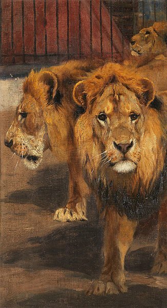 Golden Lions, Drei Zirkuslöwen. Öl auf Leinwand. 42,5 x 24 cm Date (1902) Friedrich Wilhelm Kuhnert (1865-1926), Figurines of Wondrous Power