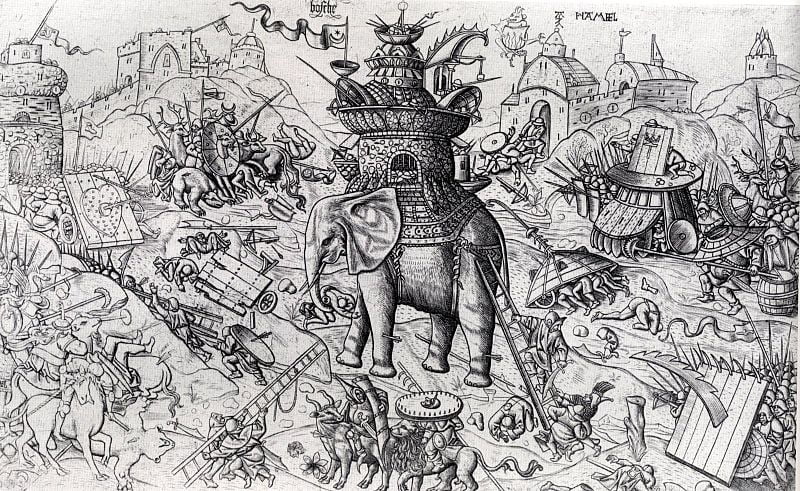 Anonymous (Southern Netherlands; follower of Jheronimus Bosch, after Alaert du Hamel) Title: War Elephant.Date 1558