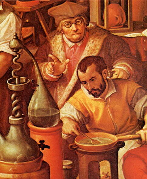 Francesco I nel suo laboratorio alchemico (Stradano, 1570, Palazzo Vecchio).Date (1570) Jan van der Straet (1523-1605), Brew Potion